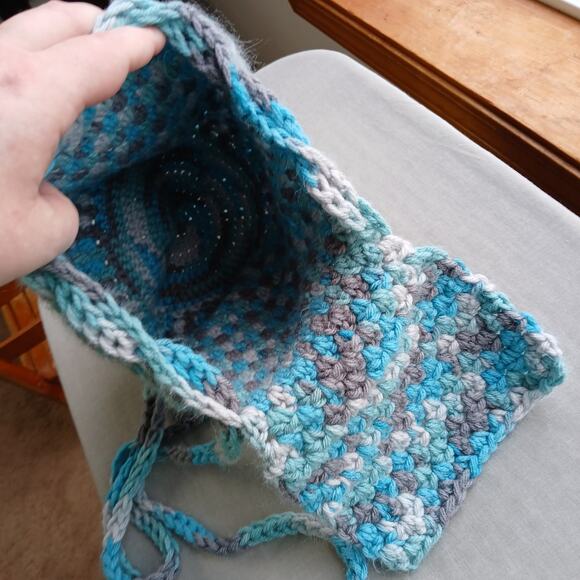 Icelandic Crochet Drawstring Mini Backpack Purse Bag blue grey handmade unlined - Picture 7 of 12